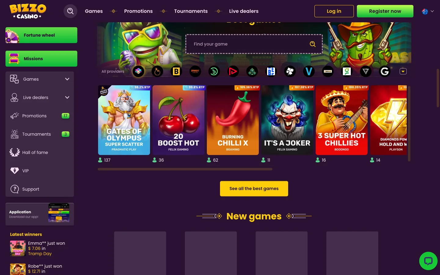 Bizzo Casino games lobby in Australia with the provider filter strip and search box