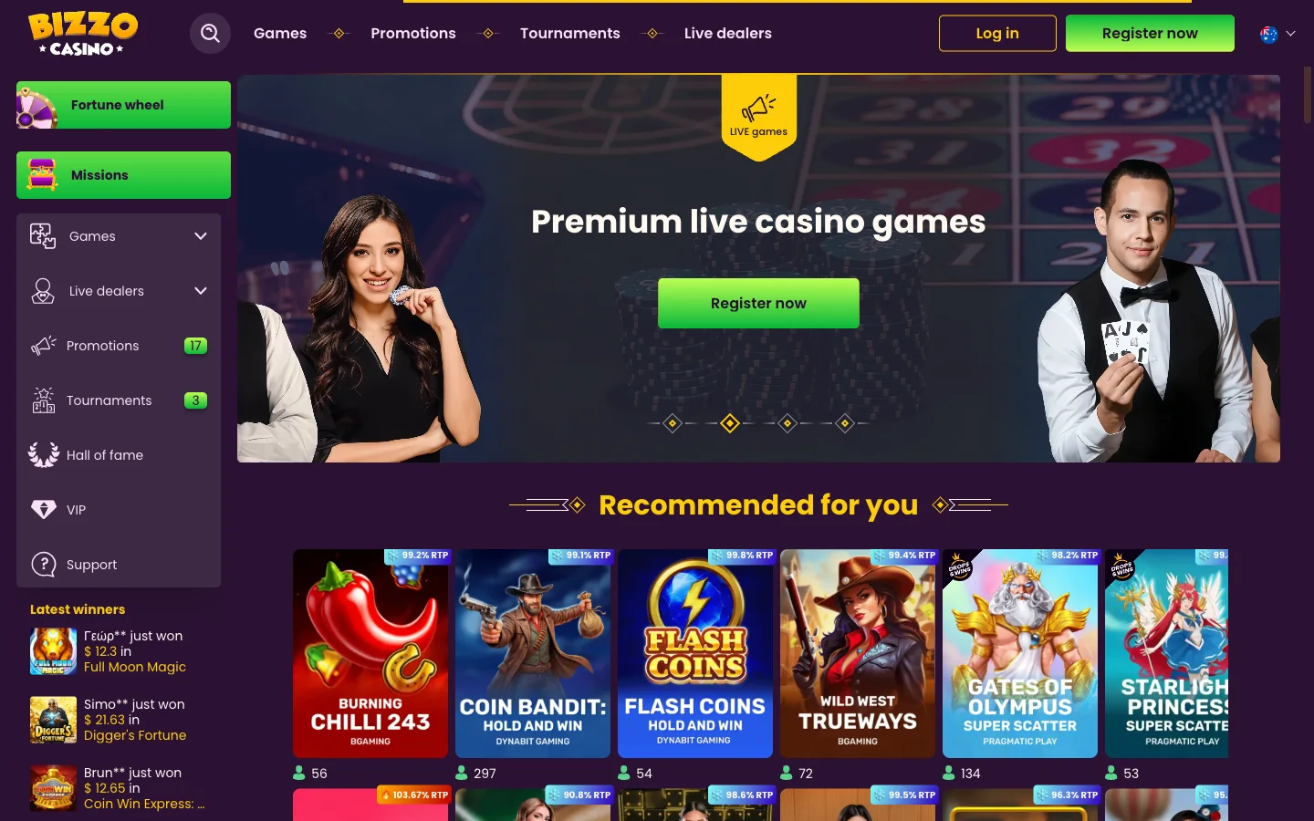 Bizzo Casino live dealers banner for Australian players showing croupiers and a roulette table