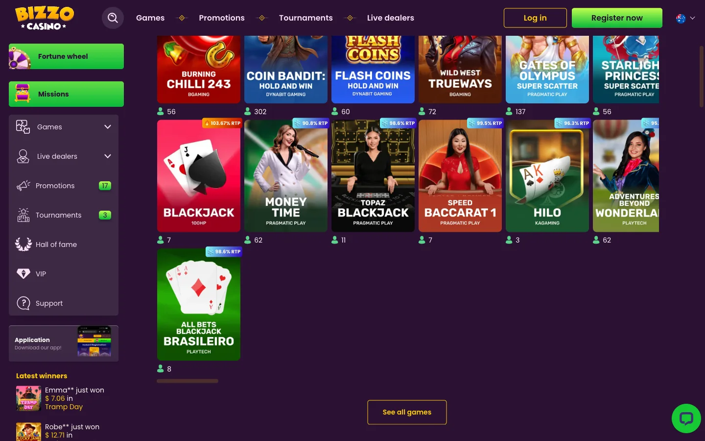 Bizzo Casino pokies lobby for Australian players with recommended games and live tables